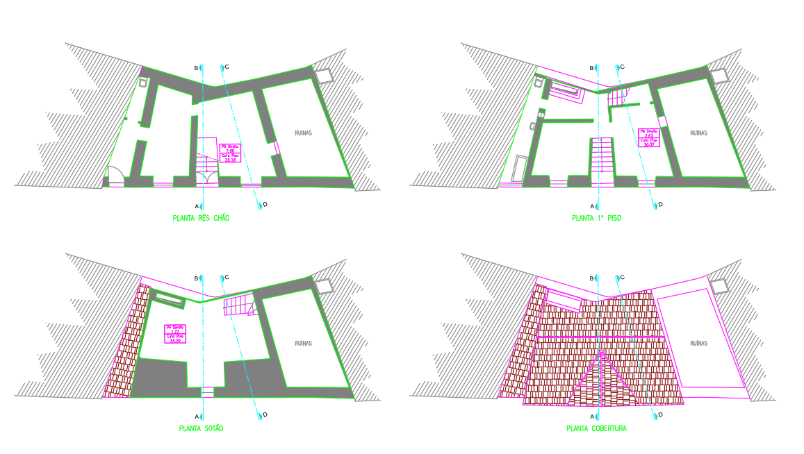 Plantas r/ch, 1º piso e sotão